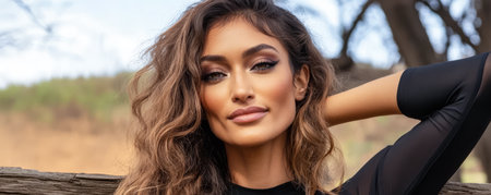 A woman poses confidently outdoors showcasing her wavy hair and strong features. Sunlight enhances her glowing skin against a blurred natural background capturing a moment of serenity.の素材