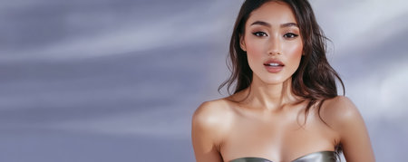 A woman stands confidently with a relaxed expression dressed in trendy attire. Her hair falls naturally around her shoulders as she poses against a smooth muted background creating an elegant look.の素材