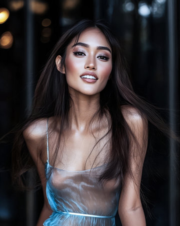 A beautiful woman showcases her confident demeanor while wearing a light sheer outfit. Her long hair flows gently as she poses in an urban setting during the daytime capturing a captivating essence.の素材