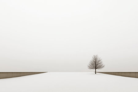 A solitary tree stands on a snow-covered surface surrounded by a thick fog. The soft light of dawn creates a serene atmosphere in a minimalist winter landscape.の素材