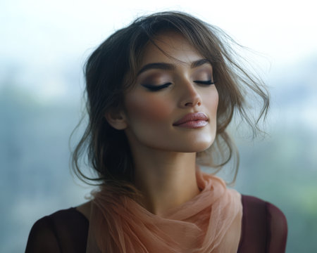 A model stands peacefully with closed eyes showcasing stunning makeup and flowing hair. Soft fabric drapes around her neck enhancing her graceful appearance and creating a serene atmosphere indoors.の素材