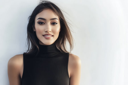 A young woman stands confidently wearing a fitted black top. Her hair flows softly around her shoulders and she exudes a charming smile. The background is minimal emphasizing her features.の素材