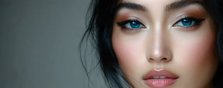 A model poses for a close-up with intense blue eyes and perfectly applied makeup. Soft lighting enhances her features creating a stunning visual impact that draws attention.の素材