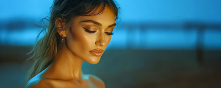 A model stands gracefully on the beach during twilight her hair softly illuminated by ambient light. The ocean waves create a tranquil backdrop enhancing the serene mood of the moment.の素材