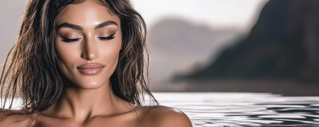 A serene moment unfolds as a woman relaxes in calm water surrounded by stunning mountain scenery during sunset. Her peaceful expression reflects the beauty of nature and tranquility.の素材