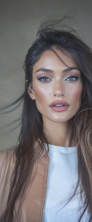 A model poses gracefully displaying radiant skin and captivating blue eyes. Soft winds tousle her hair against a neutral backdrop highlighting her stunning features and subtle expression.の素材