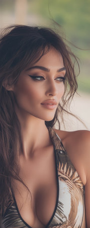 A woman with flowing hair and bold makeup gazes thoughtfully into the distance. The soft tropical background enhances her serene expression creating a captivating atmosphere of elegance and beauty.の素材