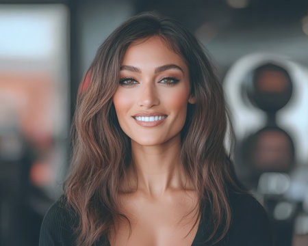 A woman with long wavy hair and a bright smile stands indoors showcasing confidence and beauty in a contemporary space filled with soft light. She looks directly at the observer.の素材
