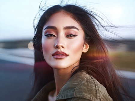 A confident woman with long flowing hair gazes towards the camera against a sunset backdrop. Her makeup is bold highlighting her features and creating a striking portrait.の素材