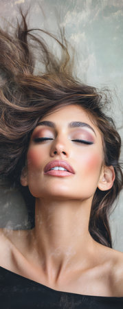 A woman with long wavy hair and exquisite makeup closes her eyes enjoying a moment of tranquility. The background features soft colors enhancing the calming ambiance of the setting.の素材