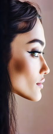 A woman displays her profile highlighting well-defined cheekbones and expertly applied makeup. Her long lashes and subtle eye makeup enhance her striking gaze set against a soft background.の素材