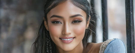 A woman with long dark hair and a radiant smile stands near a decorative urban structure. She exudes confidence making the moment feel warm and inviting under soft afternoon light.の素材