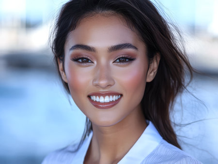 A woman stands confidently with a radiant smile near the waterfront. Sunlight shines on her face accentuating her natural beauty and glowing skin. She wears a stylish outfit suitable for a warm day.の素材