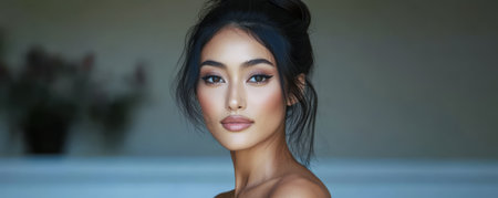 A woman poses gracefully in an indoor environment showcasing her natural beauty and subtle makeup. The soft lighting highlights her features creating an intimate ambiance.の素材