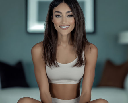 A woman is seated on a comfortable couch exuding confidence with a bright smile. She wears a simple outfit and enjoys the warm ambiance of the stylish modern room around her.の素材