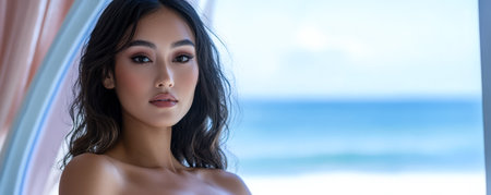 The model strikes a confident pose by a large window with a stunning view of the ocean. Clear blue waters and a bright sky create a serene atmosphere highlighting her features.の素材