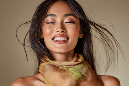 A woman with long flowing hair smiles brightly while wearing a colorful scarf. Her expression radiates joy and positivity in a warm neutral-toned setting evoking a sense of happiness.の素材