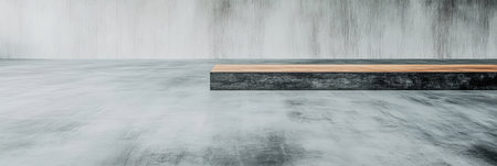 A wooden platform stands out in a spacious minimalist interior. The smooth concrete floor complements the sleek design creating an open atmosphere. Subtle textures add depth to the setting.の素材