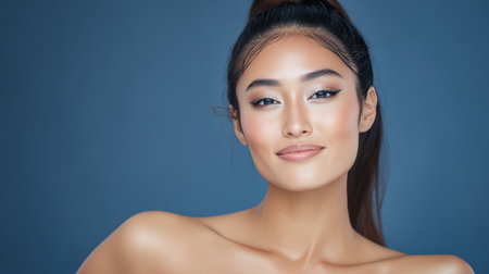 A woman with long hair and expertly applied makeup smiles confidently in a studio. The blue background enhances her radiant complexion and highlighted features.の素材
