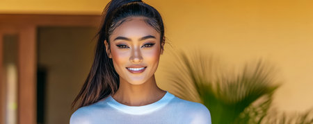 A young woman with long hair smiles brightly while standing outside against a warm sunny backdrop. Lush greenery adds a vibrant touch to the setting exuding a relaxed vibe.の素材