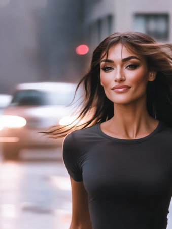 A woman strolls gracefully on a bustling city street her hair tousled by the breeze. Raindrops glisten under streetlights creating a vibrant urban atmosphere.の素材