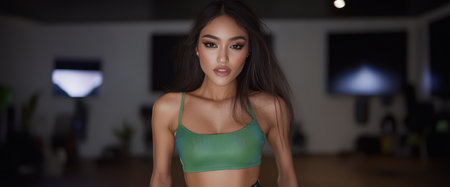 A young model stands confidently in a vibrant green crop top and dark bottoms. The modern studio features soft lighting and digital screens creating a contemporary atmosphere.の素材