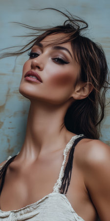 A model stands in a stylized studio displaying an elegant hairstyle and expertly applied makeup. Her confident pose and expression highlight her striking features against a textured background.の素材