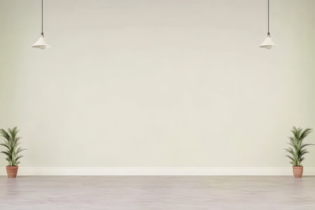 A spacious minimalist room features two hanging lights illuminating the area. On either side potted plants enhance the tranquil atmosphere creating a serene environment.の素材