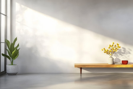 Natural light pours into a stylish living area featuring a wooden bench decorative vases and lush greenery. The minimalistic layout emphasizes tranquility and harmony.の素材