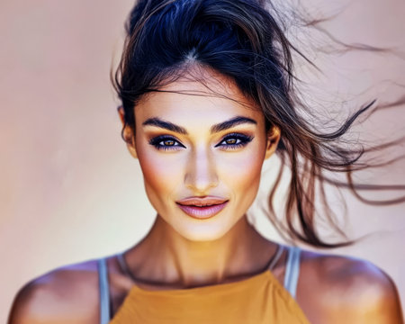 This captured moment features a woman with long flowing hair radiating confidence. She gazes directly with an inviting expression set against a soft muted background during dusk.の素材