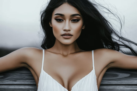 A woman with long flowing hair sits on a wooden seat wearing a white dress. Her expression is serene and the soft background creates a calm atmosphere enhancing the elegance of the moment.の素材