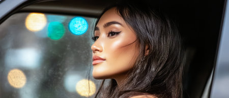 A woman with long dark hair sits inside a car gazing out of the window. Soft sunlight highlights her features as city lights create a colorful background in the daytime atmosphere.の素材