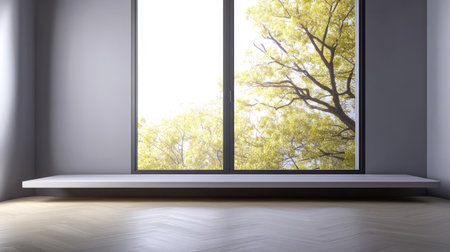 Sunlight streams into a minimalist room through expansive windows illuminating the wooden floor. Outside lush green foliage from nearby trees creates a serene atmosphere and natural beauty.の素材