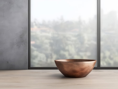 A polished copper bowl sits elegantly on a light wooden surface. The background features a soft-focus view of greenery through a large window suggesting a serene indoor atmosphere.の素材