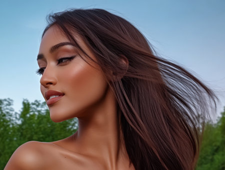 A model poses elegantly outdoors with her long flowing hair catching the breeze. The blue sky serves as a backdrop highlighting her features during the golden hour of sunset.の素材