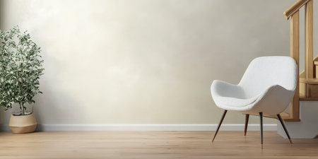 A corner of a modern interior showcases a stylish white chair placed next to a decorative plant. The warm wooden staircase adds charm to the welcoming space creating a serene atmosphere.の素材