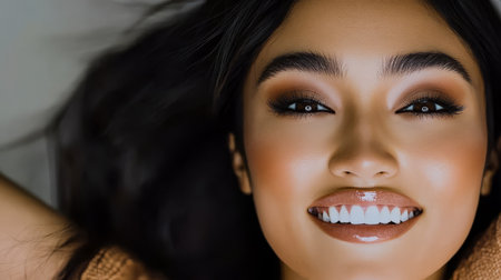 A young woman with radiant skin and perfect makeup smiles widely while lying down. Her long hair frames her face creating a cheerful and confident atmosphere.の素材