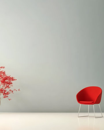 A sleek red chair is placed in an open space featuring a pale gray wall. A vibrant red plant adds a touch of color creating a stylish and modern atmosphere in the room.の素材