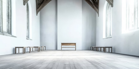 Bright and airy hall featuring high ceilings and large windows furnished with simple wooden benches. The minimalist design emphasizes natural light and open space perfect for gatherings.の素材