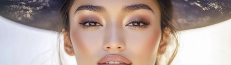 An elegant model poses outdoors wearing a large black hat. Her makeup enhances her natural beauty showcasing flawless skin defined eyes and full lips.の素材