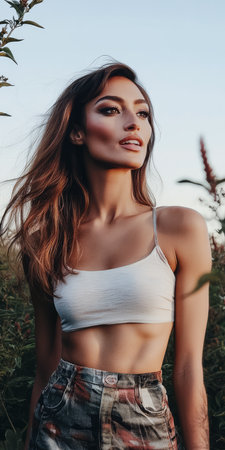 A young woman stands in a field surrounded by greenery illuminated by the warm light of the setting sun.の素材