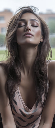 A woman sits gracefully by a window her long hair cascading over her shoulders. With a serene expression and subtle makeup she exudes confidence and poise. Natural light illuminates her features.の素材