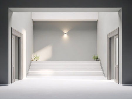 Soft natural light illuminates a spacious modern interior. The clean lines of the staircase and gray walls create an inviting atmosphere. Simple greenery adds a touch of warmth to the design.の素材