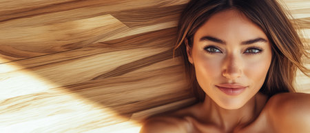 A woman lies peacefully on a wooden floor illuminated by soft natural light. She has long hair and a serene expression enjoying a moment of calm and tranquility in her surroundings.の素材