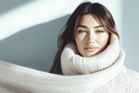 A young woman with soft features smiles gently while wrapped in a thick white scarf illuminated by soft natural light. The background shows a pleasing texture enhancing the serene atmosphere.の素材