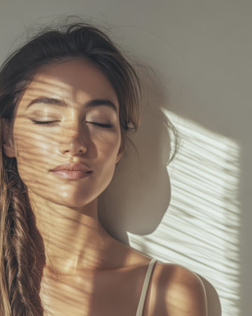A woman sits peacefully with her eyes closed absorbing the serene atmosphere as soft sunlight creates intriguing shadow patterns across her face. She appears relaxed in a calm indoor setting.の素材