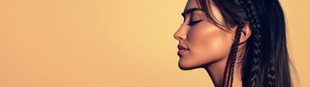 A young woman with braided hair stands in profile highlighting her facial features against a warm sunset background. The soft lighting enhances her natural beauty creating a serene atmosphere.の素材