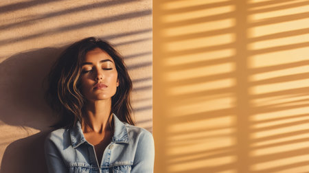A young woman relaxes with her eyes closed soaking in warm sunlight that creates beautiful shadow patterns on the wall beside her. The atmosphere feels calm and peaceful.の素材