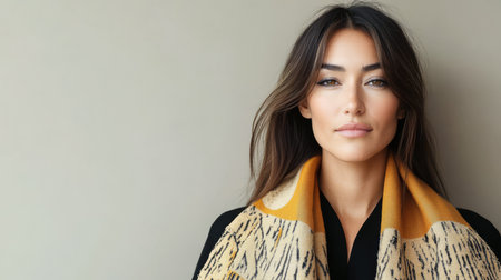 A woman stands with a confident expression dressed stylishly and wearing a colorful scarf. She gazes directly at the viewer creating an engaging and dynamic presence in a neutral setting.の素材
