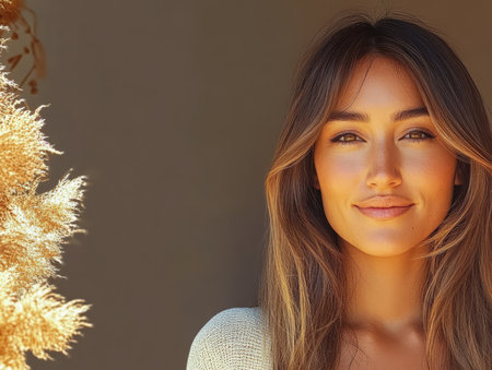 A young woman stands in soft natural light smiling warmly. The setting features earthy tones and plants creating a serene and inviting atmosphere. Her long hair softly frames her face.の素材